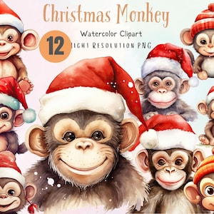 Puede incluir: Un conjunto de 12 imágenes de clipart de acuarela de monos con gorros de Papá Noel. Los monos están en varias poses y expresiones. Las imágenes son archivos PNG de alta resolución.
