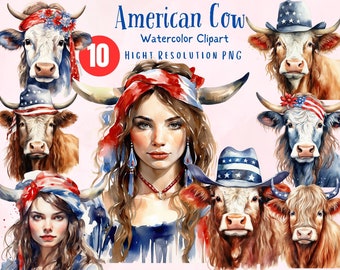 American Cow Watercolor Clipart: 4th of July PNG (Digital Download)