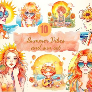 Watercolor Summer Vibes Sunset ,  Watercolor Summer Beach Sunset Clipart , Sublimation Png , Digital clipart Png
