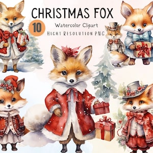 Christmas Fox |  Watercolor Clipart | Christmas  PNG |   Xmas Party Decor | Winter PNG