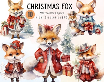 May include: A set of 10 watercolor clipart images of foxes dressed in festive Christmas attire. The foxes are wearing red and white outfits, hats, and scarves. Some are holding presents. The images are high resolution PNG files.