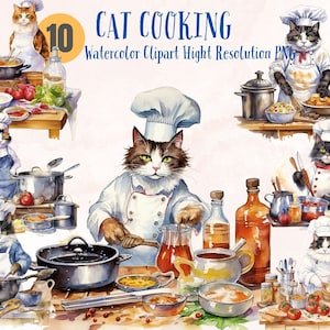 Cute Cat Cooking Food | Kitty Funny | Cat Chef Utensils artwork | Watercolor Baby Shower | Cat Baby Clip Art |Nursery, Digital Download