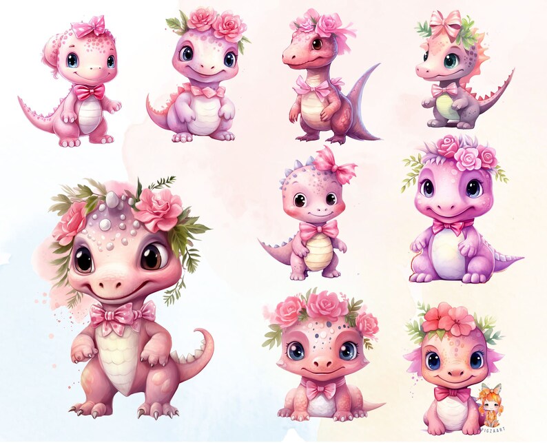 Cute Baby Dinosaur Girl Dinosaur Baby Girl Dinosaur Watercolor Clipart