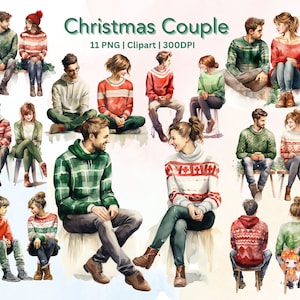 Christmas Couple | Best Friends In Love | Couple Lover | Couple Watercolor Clipart | Sitting Lover | Romantic Couple  | Sitting Winter PNG