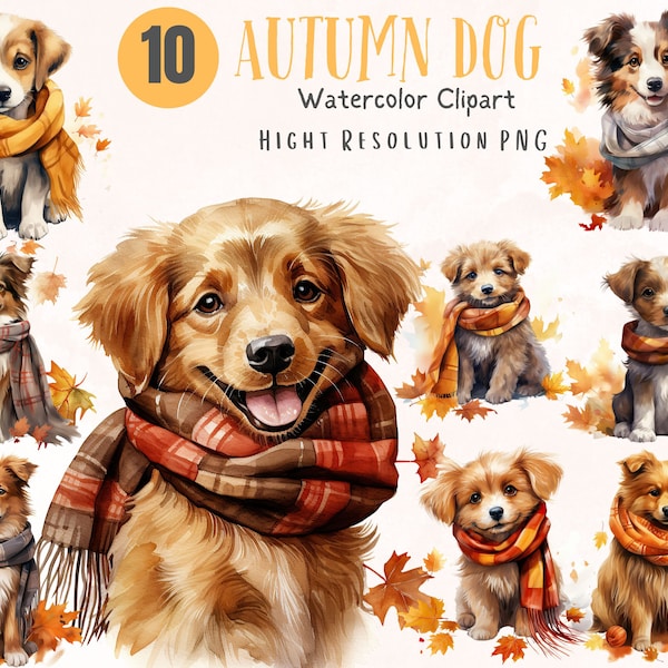 Dog Wearing Scarfs  | Fall Leaves  Autumn  | dog portrait | Watercolor Clipart Bundle | PNG  format instant Digital Download  | Illustration