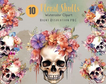 Floral Skulls Watercolor Clipart ,  Boho Floral Skulls Watercolour in PNG  format instant download for commercial use