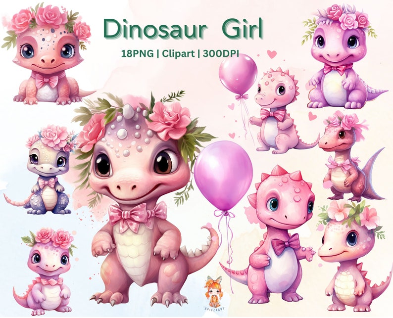 Cute Baby Dinosaur Girl Dinosaur Baby Girl Dinosaur Watercolor Clipart