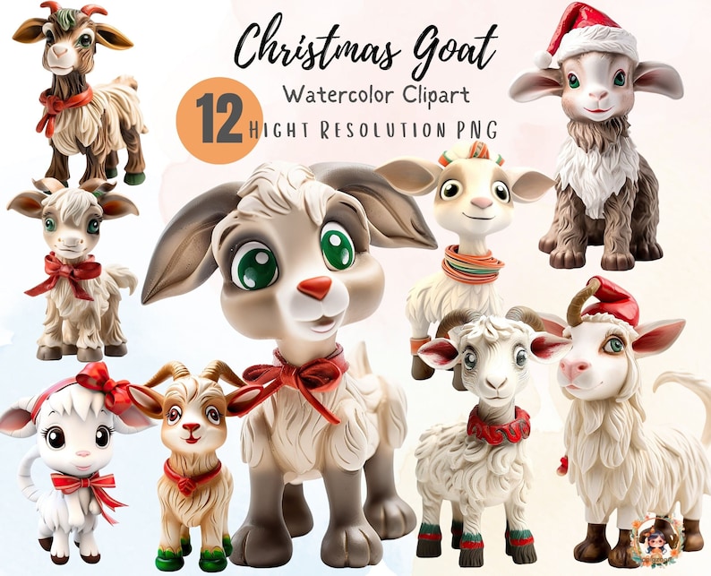 Christmas Goat Clipart Watercolor Illustrations Cute Goat Design Baby goat Christmas Nursery Wall Art image 1