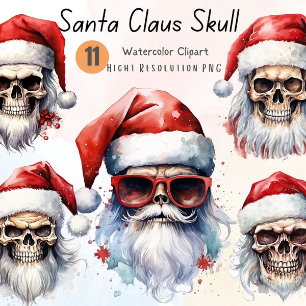 Santa Claus Skull | Skull  in a Santa Hat | Watercolor Clipart |  Santa Skull T-Shirt Design | Xmas Party  | Winter Skull PNG