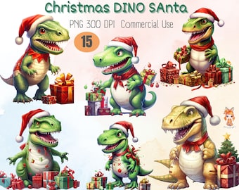 May include: A set of 15 digital illustrations of green and yellow dinosaurs wearing Santa hats and holding Christmas presents. The dinosaurs are in various poses and have different expressions. The illustrations are perfect for use in holiday crafts, greeting cards, and other creative projects.