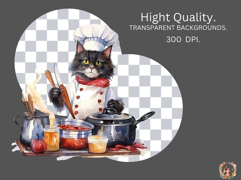 black cat chef art print: boho kitchen cooking poster... Cute Cat Chef Clipart | Watercolor Cooking Animals (digital Download ...