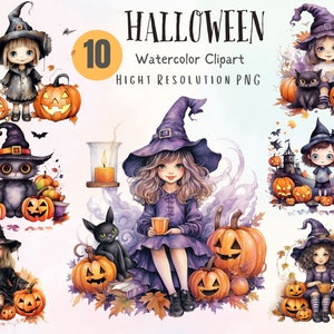 Cute Witch Girls, Magic, Potions ,Pumpkin, Halloween Watercolor Clip Art, Digitalal Download Files ,Transparent PNG