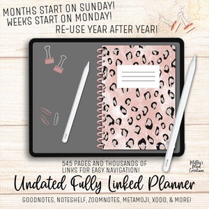May include: An undated digital planner with a pink and black leopard print cover. The planner is displayed on a tablet screen with a stylus and paper clips. The text on the cover reads "Undated Fully Linked Planner" and "545 pages and thousands of links for easy navigation!" The text at the bottom reads "Goodnotes, Noteshelf, Zoomnotes, Metamoji, Xodo, & more!"