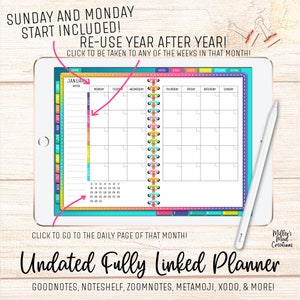 May include: A digital planner on a tablet screen with a colorful design. The planner is undated and includes a calendar view for January with a notes section, goals section, and daily pages. The planner is compatible with Goodnotes, Noteshelf, Zoomnotes, Metamoji, Xodo, and more.