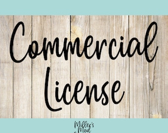 May include: A woodgrain background with a blue stripe at the top and bottom. The text "Commercial License" is written in black cursive font. The text "Miller's Mad Creations" is written in black font below the blue stripe.