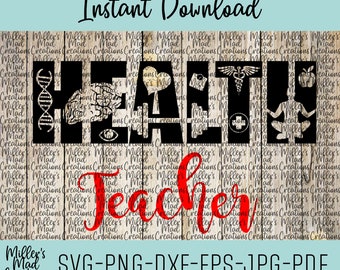 May include: Black and red digital design with the words "Healthy Teacher" and various health-related icons. The design is on a woodgrain background.  SVG-PNG-DXF-EPS-JPG-PDF.