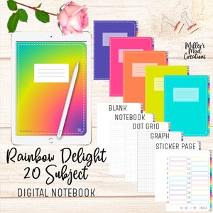 May include: A digital notebook with 20 rainbow-colored subject covers. The covers include blank, notebook, dot grid, graph, and sticker page options. The text "Rainbow Delight 20 Subject Digital Notebook" is displayed below the notebook.