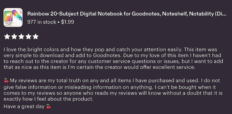 以下が含まれることがあります： Goodnotes、Noteshelf、Notability向けのRainbow 20-Subjectデジタルノートブックの製品レビュー。5つ星の評価と、鮮やかな色、ダウンロードのしやすさ、アイテムの全体的な品質を称賛するテキストが表示されています。