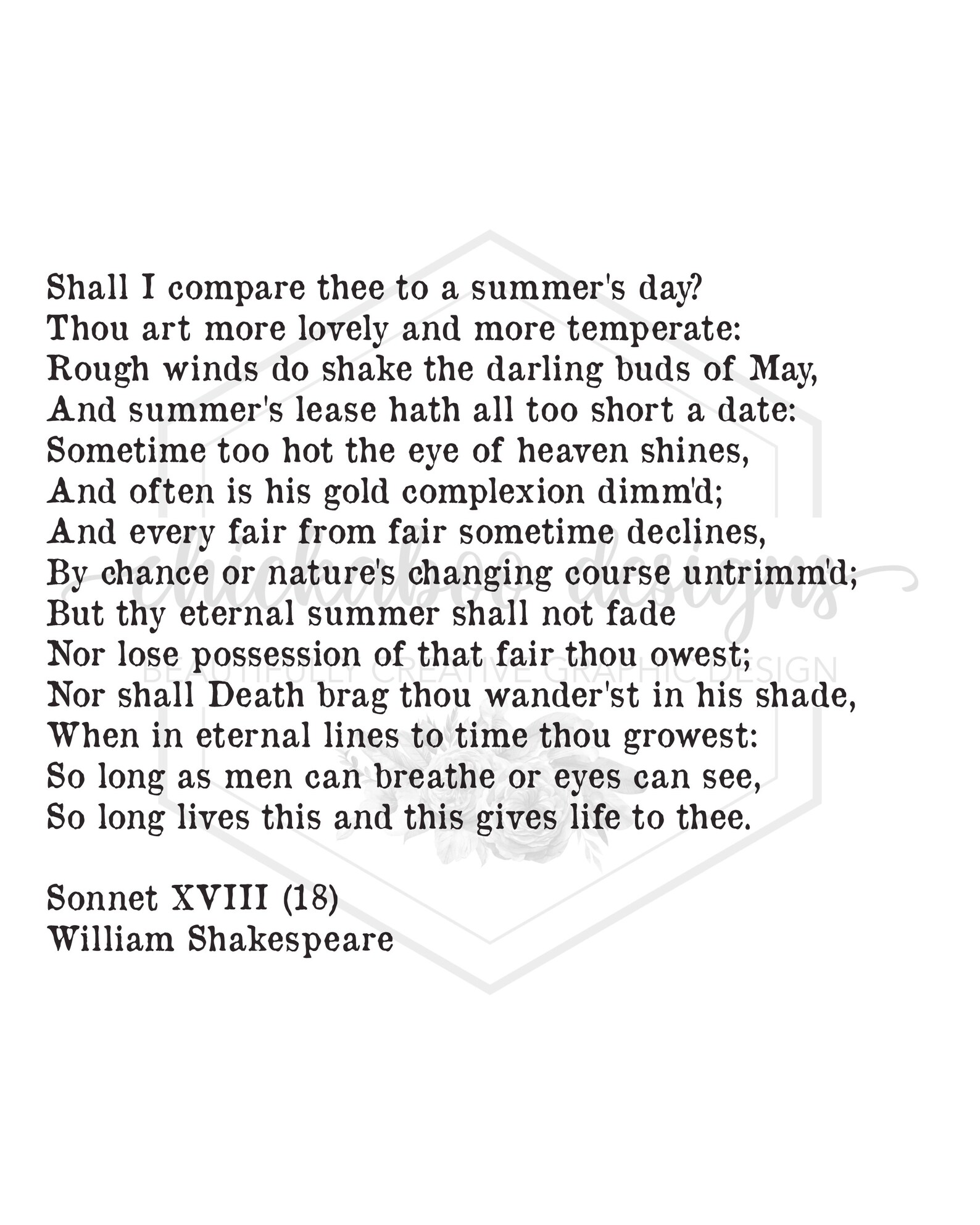Shakespeare Sonnet XVIII 18 8x10 Printable DIGITAL DOWNLOAD - Etsy
