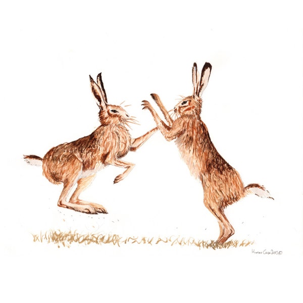 Boxing hares recycled greetings card