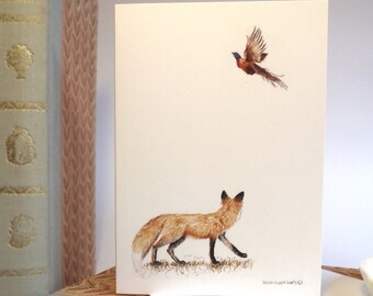 Fox and pheasant recycled greetings card