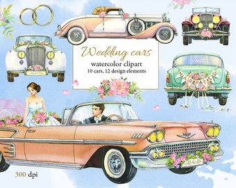 Wedding cars watercolor clipart, Cans Car, Retro cars, Just Married, wedding design elements, Illustrations for wedding invitation, cadillak