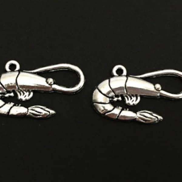 Shrimp Charm.  10 PCS Large Silver Tone Shellfish Charms. Handmade Jewelry Pendants. Craft Supplies.