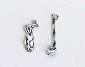 Antique Silver Color Golf Club Charms. Small Golf Bag Pendant. DIY Hand Crafts Supplies. Golf Player Charms. Company Outing Golf Charms.