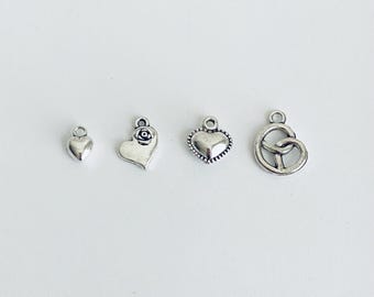 Heart Charm. Lot of 10 / 20 / 30 / 40 / 50 / 100 PCS Base Metal Small Puff Heart Charms. Sideway Floral Heart Charm. Pretzel Shaped Charm.