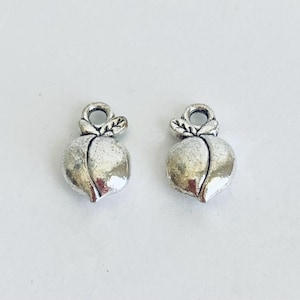 May include: Two silver peach charms with a leaf detail. The charms have a loop at the top for attaching to jewelry or other crafts.