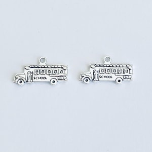 School Bus Charm.  Lot of 10 / 20 / 30 / 40 / 50 PCS Silver 2-sided School Bus Pendants. Handmade Jewelry Pendants. Craft Supplies.
