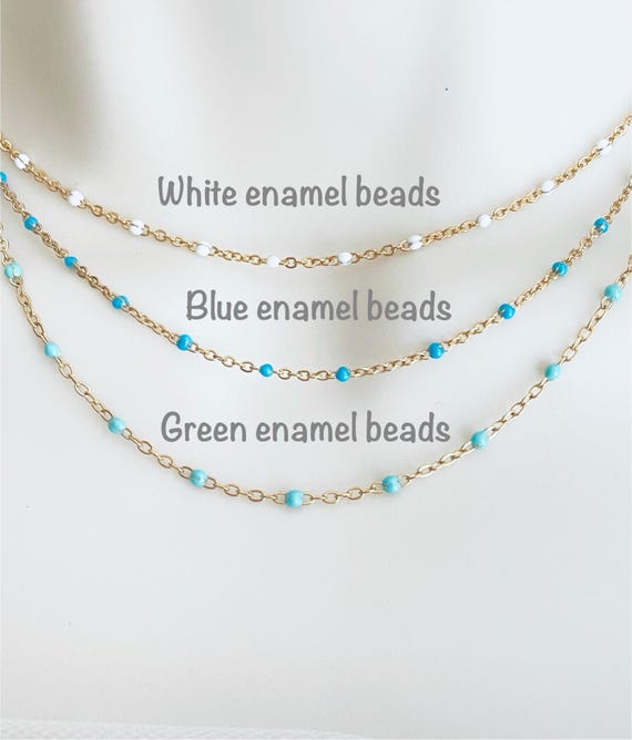 Gold over Stainless Steel Enamel Chain Necklace. Colorful Enamel Beaded Jewelry. Ready to Wear Everyday Layering Necklace.