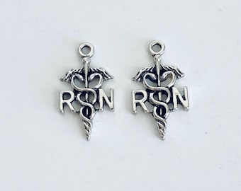 Small Antique Silver Tone Base Metal Registered Nurse Charms. Medical RN Pendants. Graduation or Appreciation Gift for Nurses. DIY Supplies