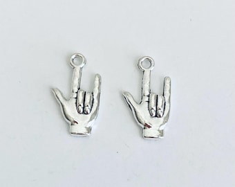 Hand Sign Charm. Lot of 10 / 20 / 30 / 40 / 50 / 100 Pcs Silver Tone I Love You Sign Charms. Handmade Jewelry Pendants.