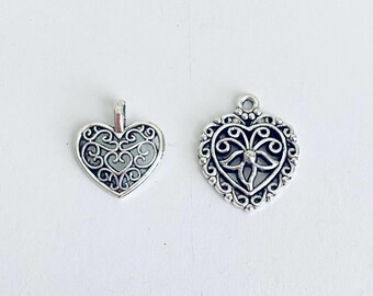 Filigree Heart Charm. Lot of 10 / 20 / 30 / 40 / 50 / 100 PCS Silver Tone Heart Charms.  Handmade Jewelry Supplies. DIY Craft Supplies.