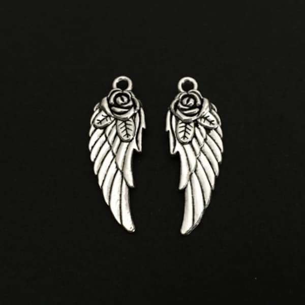 Angel Wing Charm. Lot of 10 / 20 / 30 / 40 / 50 / 100 PCS 2-Sided Angel Wing with Rose Pendants. Handmade Jewelry Supplies. Angel Wing #3
