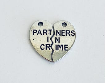 Antique Silver Tone 2 pieces Partners in Crime Heart Charm. Base Metal 2 piece Friendship Charms. DIY Jewelry Craft Supplies.