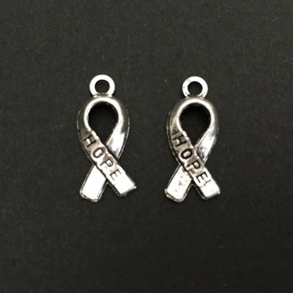 Tiny Hope Ribbon Charm.  Lot of 10 / 20 / 30 / 40 / 50 / 100 PCS Silver Tone Tiny Hope Charms. Handmade Jewelry Pendants. Craft Supplies.