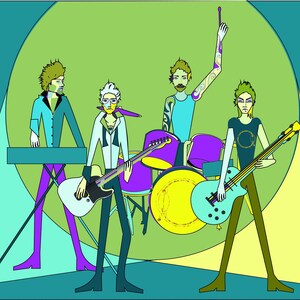 May include: A band of four musicians performing on stage. The musicians are playing a keyboard, a guitar, a drum set, and a bass guitar. The stage is decorated with a green and blue background.