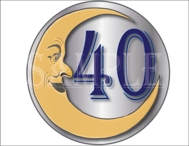 40 Cake Topper Printable Paper Moon Round Birthday Anniversary Gold Yellow Silver Blue Art Nouveau 1920s Party Sign 40th Birthday Decoration