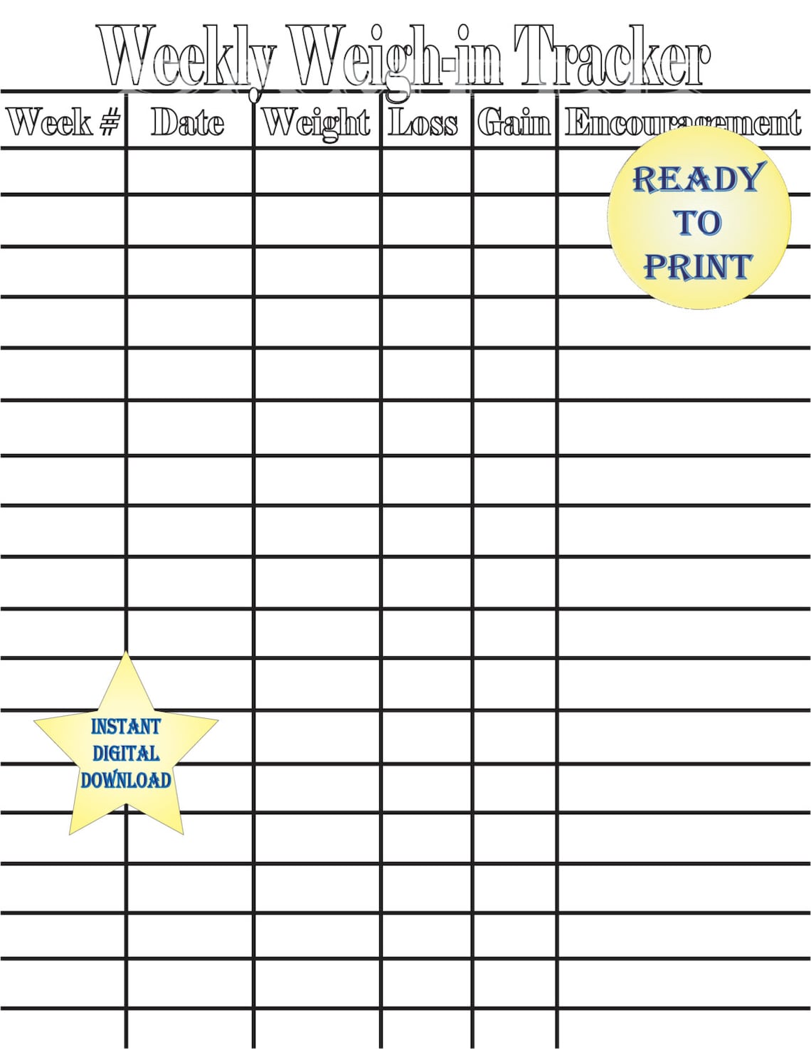 Weekly Weighin Tracker Single Printable Sheet 8 1/2X11 Inch Etsy