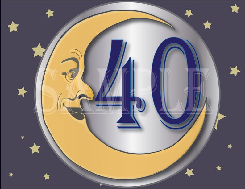 40 Cake Topper Printable Paper Moon Round Birthday Anniversary Gold Yellow Silver Blue Art Nouveau 1920s Party Sign 40th Birthday Decoration