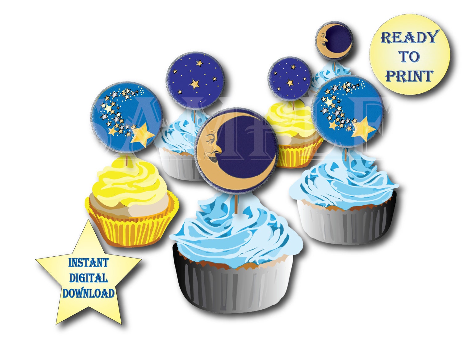 Celestial Cupcake Toppers Printable 12 Paper Moon Star Sparkle | Etsy