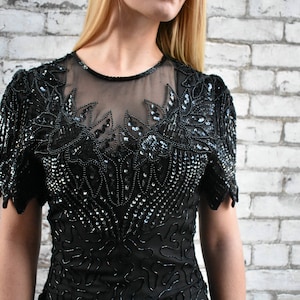 Flapper | Small | Vintage 1980 Black Silk Sequined Beaded Bodycon Party Dress