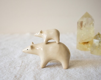 Handmade Ceramic Mom and Baby Polar Bear Figurines