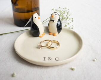 Handmade Ceramic Dish with Penguin Couple and Initials