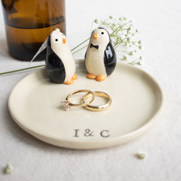 Handmade Ceramic Dish with Penguin Couple and Initials