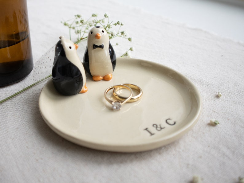 Handmade Ceramic Dish with Penguin Couple and Initials