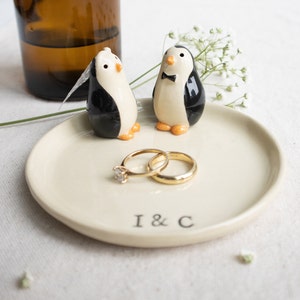 Handmade Ceramic Dish with Penguin Couple and Initials