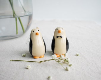 Handmade Ceramic Penguin Couple Cake Toppers